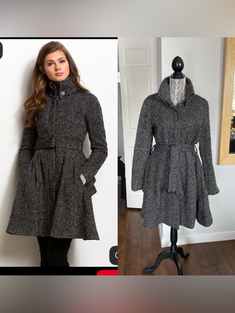 NWT Armani Exchange Tiered Wool Blend Tweed High Neck Belted Coat Jacket. XL